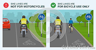 Do`s and don`ts. Bike lanes are not for riding motorcycles. Back view of a biker on a bike lane. Vector Illustration