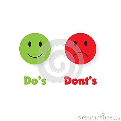 Do`s and Don`ts with green and red smile. Sign post indicating Do`s vs Don`ts. Vector Illustration