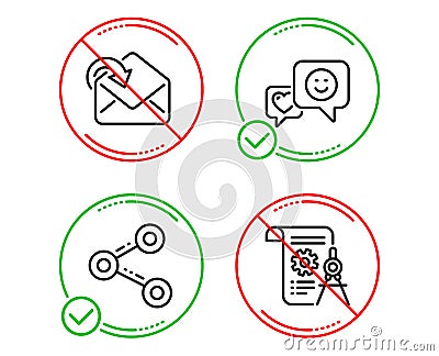 Smile, Share and Receive mail icons set. Divider document sign. Socila media, Follow network, Incoming message. Vector Vector Illustration