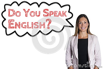 Do you speak English? cloud sentence words language school. Woman on white background Stock Photo