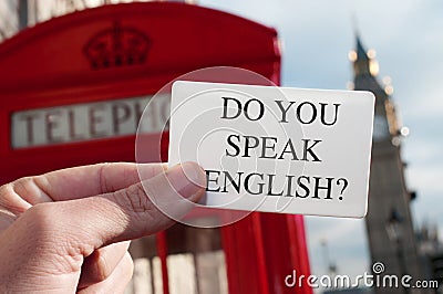 do you speak english? in a signboard with the Big Ben in the background Stock Photo