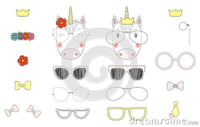 Do it yourself unicorn heads with glasses and accessories Vector Illustration