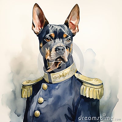 Doberman In Armor: A Dark Blue And Bronze Portrait Illustration Stock Photo