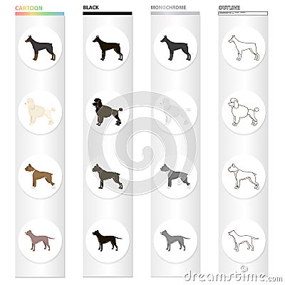 Doberman, dog poodle, boxer, breed pit bull. Dog breeds set collection icons in cartoon black monochrome outline style Vector Illustration