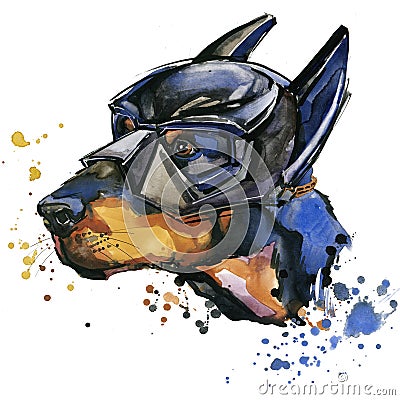 Doberman dog T-shirt graphics. Doberman dog illustration with splash watercolor textured background. Cartoon Illustration