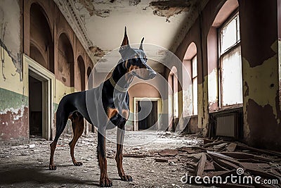 doberman pinscher exploring abandoned building, with its nose to the ground Stock Photo