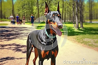 doberman pinscher walking on leash in the park Stock Photo