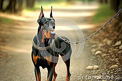 doberman pinscher walking on leash in the park Stock Photo