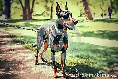 doberman pinscher walking on leash in the park Stock Photo