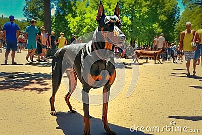 doberman pinscher walking through park on warm summer day Stock Photo