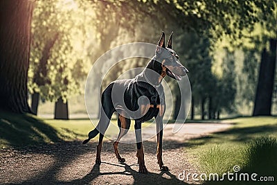 doberman pinscher walking through park on warm summer day Stock Photo