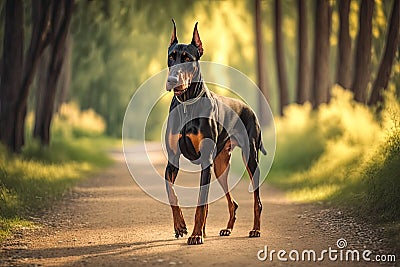 doberman pinscher walking through park on warm summer day Stock Photo