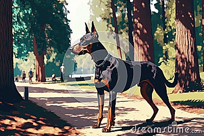 doberman pinscher walking through park on warm summer day Stock Photo