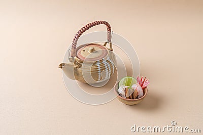 dobin mushi - steamed matsutake mushroom and pike conger with Japanese broth in an earthenware teapot Stock Photo
