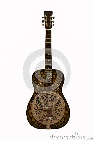 Wood dobro six-string resonator guitar isolated on white Stock Photo