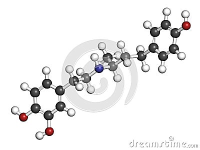 Dobutamine sympathomimetic drug molecule. 3D rendering. Atoms are represented as spheres with conventional color coding: hydrogen Stock Photo