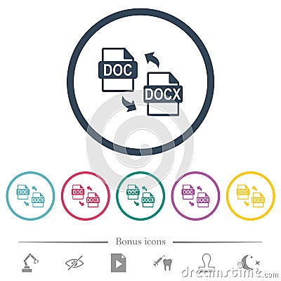 DOC DOCX file conversion flat color icons in round outlines Vector Illustration