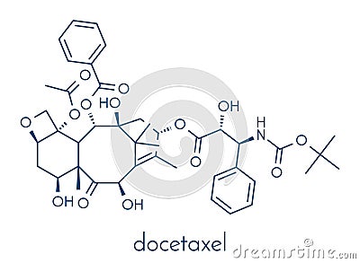 Docetaxel cancer chemotherapy drug molecule. Taxane class drug used in treatment of breast, prostate, lung and ovarian cancer etc Vector Illustration