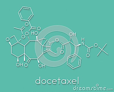 Docetaxel cancer chemotherapy drug molecule. Taxane class drug used in treatment of breast, prostate, lung and ovarian cancer etc Stock Photo