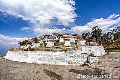 Dochu la chortens or stupas on top of the Dochula Pass in the Himalayas in Western Bhutan Stock Photo