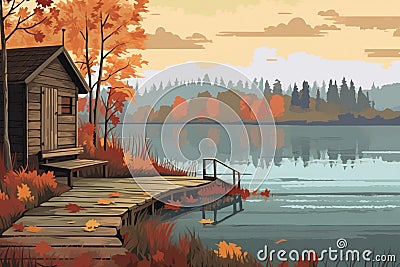 dock with a bench in front of a log cabin on an autumnal lakeside scene, magazine style illustration Cartoon Illustration