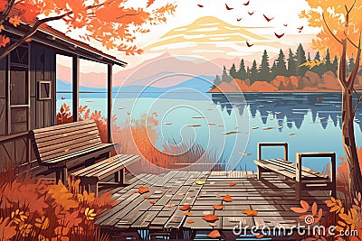 dock with a bench in front of a log cabin on an autumnal lakeside scene, magazine style illustration Cartoon Illustration