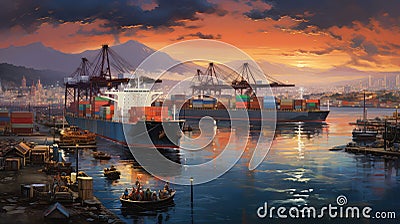 dock busy port Cartoon Illustration