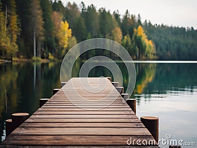 a dock sitting on top of a lake next to a forest. Stock Photo