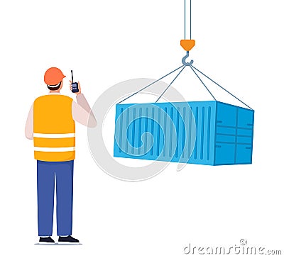 Dock worker. Loading freight container. Cargo shipping service. Warehouse male worker in hard hat with walkie talkie radio. Vector Vector Illustration