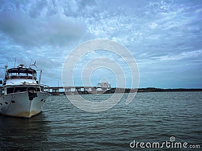 Docked boat with a drawbridge in the background. Beaufort, South Carolina. Editorial Stock Photo