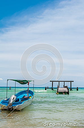 Docked Boats in a Beach Scene at Playa del Carmen Editorial Stock Photo