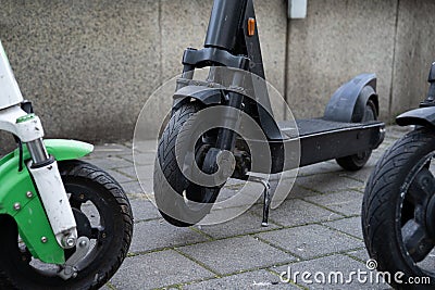 Dockless electric scooters. Stock Photo
