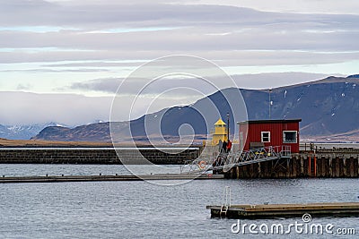 the docks in Reykjavik city Iceland with mountains on the background Editorial Stock Photo