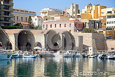 Dockyard buildings and harbour, Heraklion. Editorial Stock Photo