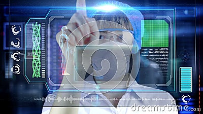 Docteur avec le comprimé futuriste d'écran de hud Division cellulaire Concept médical de l'avenir illustration stock Docteur avec le comprimé futuriste d'écran de hud Division cellulaire Concept médical de l'avenir illustration stock
