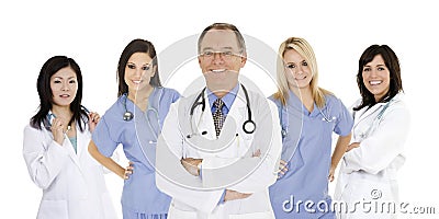 Group of confident doctors and nurses with their arms crossed displaying some attitude isolated on white background Stock Photo