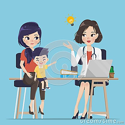 Doctor advise mom describe the symptom of the illness Vector Illustration