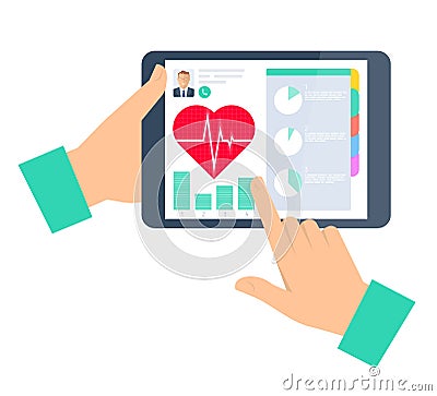 Doctor advises a patient on the tablet. Telemedicine and telehealth. Vector Illustration