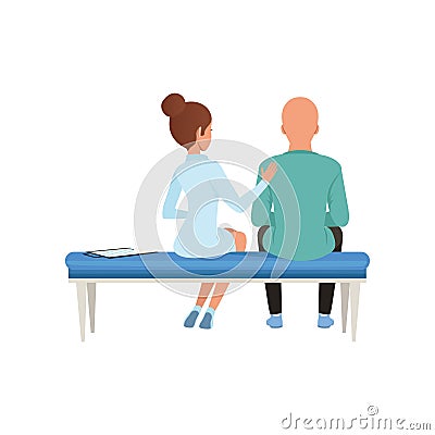 Doctor advising patient, bald man with cancer after chemotherapy, oncology therapy, treatment vector Illustration on a Vector Illustration