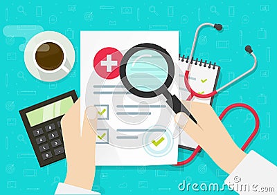 Doctor analysing medical, health insurance document vector, flat lay cartoon of medicine or hospital note record paper Vector Illustration