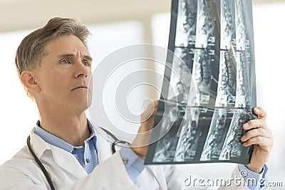 Doctor Analyzing X-Ray Report In Clinic Stock Photo