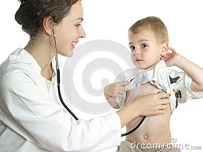 Doctor assessing patient by stethoscope Stock Photo