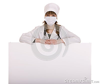Doctor with banner, stethoscope and mask Stock Photo