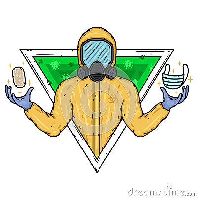 Doctor in biological protection suit with soap and medical mask. Vector Illustration