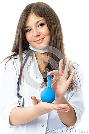 Doctor with a blue enema Stock Photo