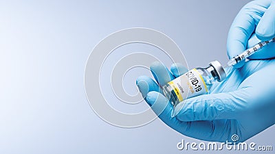 Doctor in blue latex gloves fill in syringe with vaccine from glass vial. Stock Photo