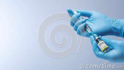 Doctor in blue latex gloves fill in syringe with vaccine from glass vial. Stock Photo