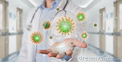 Doctor analyzing coronavirus on microscopic close-up 3D rendering Stock Photo