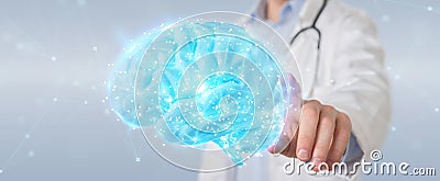 Doctor using digital brain scan hologram 3D rendering Stock Photo
