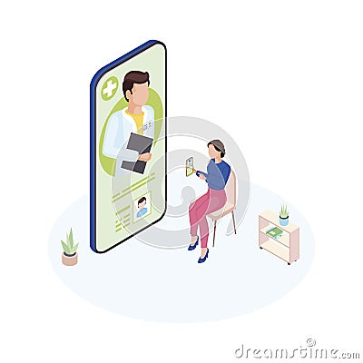 Doctor on call service isometric illustration. General practitioner consulting mother online. Remote pediatrician advice. Cartoon Vector Illustration